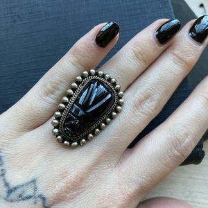 Vintage onyx sterling silver mask ring mexico